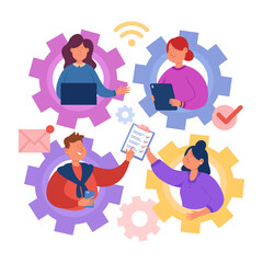 Work process of strong dedicated team of employees. Effective efforts and teamwork of male and female characters inside gears flat vector illustration. Motivation, incentive collaboration concept