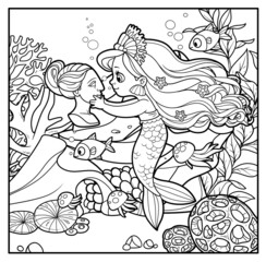 Fototapeta na wymiar Cute mermaid in coral tiara carefully examines the head of the sculptural bust outlined for coloring page on seabed with corals and algae background