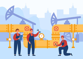Team of engineers and workers controlling oil or gas pipeline. People working with petroleum transportation pipe flat vector illustration. Maintenance service, industry, leakage control concept - obrazy, fototapety, plakaty