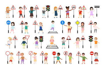 Collection of illustrations with children and road signs. Studying the rules of the road.