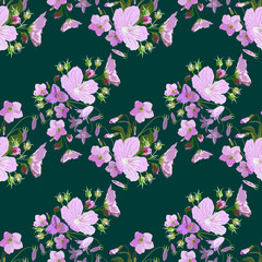 Vector seamless floral pattern, bouquets of pink wildflowers on a contrasting dark background, for fabric design, wallpaper, paper