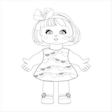 Cartoon little cute doll girls child in a summer dress with painted geometric pattern for coloring book for preschool and primary schoolchildren, vector illustration contour lines