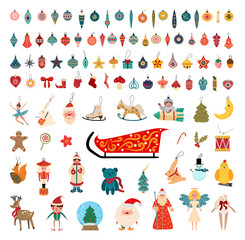 Collection of Christmas toys, gifts and tree decorations.