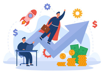 Businessman superhero flying into sky after successful work. Male leader with success career starting startup project flat vector illustration. Entrepreneurship, innovation in business concept