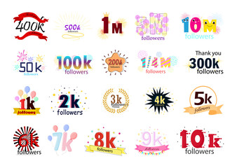 Naklejka premium Colorful banners with congratulations to the recruited number of subscribers in social networks.