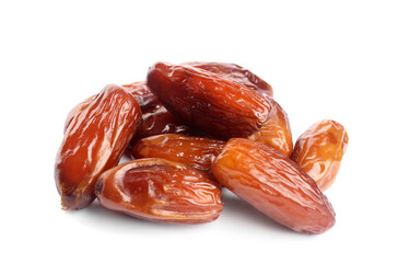 Heap of tasty sweet dried dates on white background