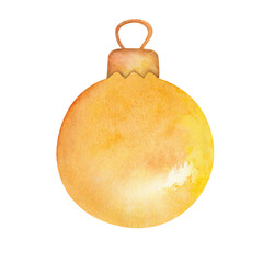 Watercolor illustration hand painted golden yellow decorative toy, ball bauble for fir tree, pine for Christmas, New Year isolated. Clip art element for design postcard, packaging paper, textile