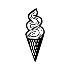 Ice cream in a waffle cone. Sweet cold dessert. Element for decorating a fun party. Hand drawn line vector illustration in doodle style.