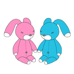 Hand drawn vector illustration of a pair of beautiful little pink and blue young hares or rabbits sleeping on a white background