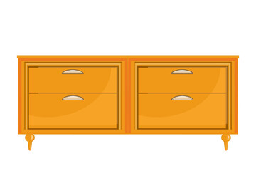 Chest of drawers isolated on white background. Brown wooden commode on little legs.Piece of bedroom furniture and home interior.Dresser or bedside table for bedroom and living room.Vector illustration