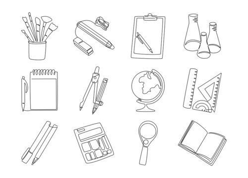 One line school supplies. Trendy continuous line collection of brushes book globe chemistry glass pen and pencil. Vector isolated set