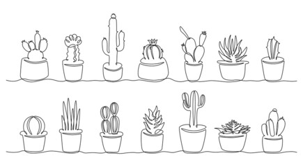 Line cactus in pots. Continuous line botanical home decoration exotic plants, Mexican desert succulent flowerpot. Vector one line set