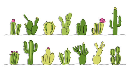 Continuous line succulent. One line collection of doodle interior decoration exotic plants in pots, exotic Mexican wester desert botanical collection. Vector set © Natalia