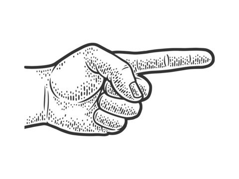 hand pointer points with index finger sketch engraving vector illustration. T-shirt apparel print design. Scratch board imitation. Black and white hand drawn image.
