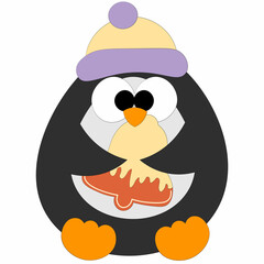 Cute cartoon Penguin in hat with gingerbread. Draw illustration in color