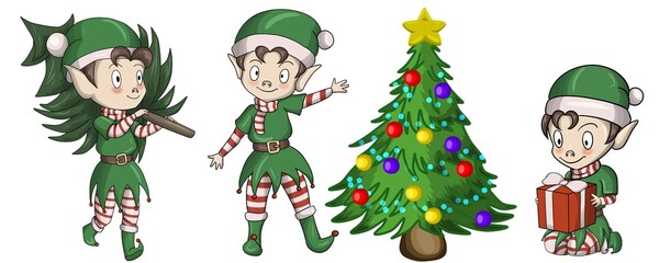 A set of illustrations , little elves are preparing for the holiday