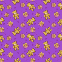 Bright lilac children's pattern, teddy bears with gift boxes on a delicate purple background, seamless pattern