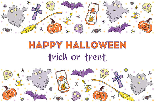 Bright line art illustration with halloween symbols. Background with happy trick or treat