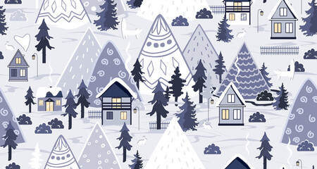 Winter seamless pattern. Cute houses, mountains and trees landscape. Cartoon Xmas vector background © Toltemara