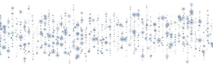 Blue delicate openwork snowflakes scatter on a white background. Festive background, postcard design, wallpaper