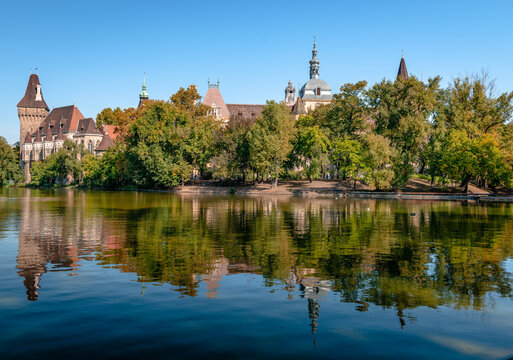 The Vajdahunyad Castle reflected on the lake. Located in the City Park, Budapest, Hungary, it was built in 1896 and now houses the Museum of Hungarian Agriculture.