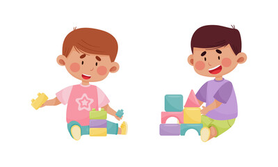 Little Boy Playing with Toy Blocks and Pyramid in Playroom Vector Set