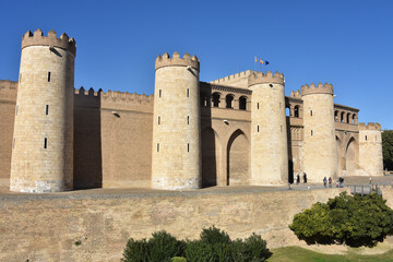 Zaragoza, Spain - 23 Oct, 2021: Exterior walls of the Palacio de la Aljaferia, Zaragoza