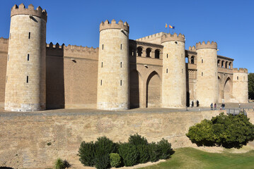 Fototapeta na wymiar Zaragoza, Spain - 23 Oct, 2021: Exterior walls of the Palacio de la Aljaferia, Zaragoza