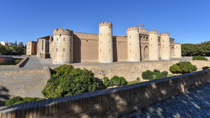 Zaragoza, Spain - 23 Oct, 2021: Exterior walls of the Palacio de la Aljaferia, Zaragoza