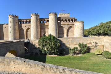 Zaragoza, Spain - 23 Oct, 2021: Exterior walls of the Palacio de la Aljaferia, Zaragoza