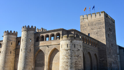 Zaragoza, Spain - 23 Oct, 2021: Exterior walls of the Palacio de la Aljaferia, Zaragoza