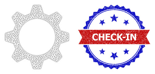 Check-In grunge stamp seal, and gearwheel icon net model. Red and blue bicolored stamp contains Check-In caption inside ribbon and rosette. Abstract flat mesh gearwheel, created from flat mesh.