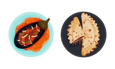 Turkish National Food with Stuffed Eggplant and Dumpling Above View Vector Set