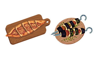 Turkish National Food with Shashlik on Skewer and Pie Above View Vector Set