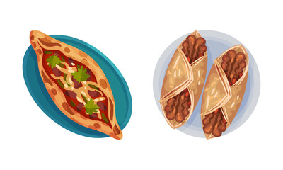 Turkish National Food with Pide Pizza with Forcemeat Above View Vector Set