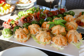 Appetizers on the white plate on a buffet table. High quality photo