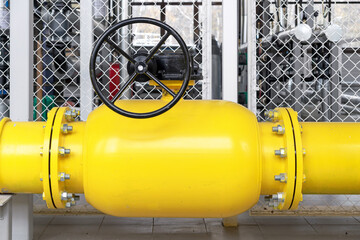 Gas shut-off valve at gas processing station. Valve on the gas boiler house.