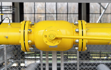 Gas shut-off valve at gas processing station. Valve on the gas boiler house.