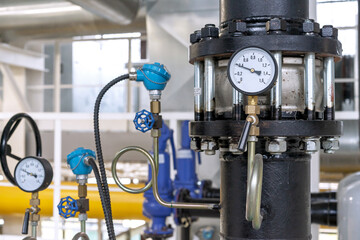 Manometers for measuring gas pressure in a gas pipeline. Gas boiler room equipment.