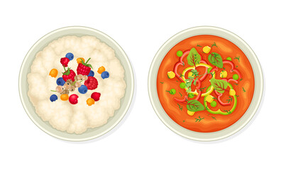 Porridge with Berry and Creamy Tomato Soup as Vegetarian Dish Above View Vector Set