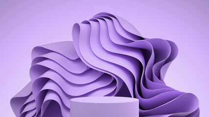 3d mock-up podium with abstract wavy cloth. Geometric background in lavender colors. Abstract Modern platform for product or cosmetics presentation. Bright Stylish contemporary backdrop. Render scene. - obrazy, fototapety, plakaty