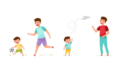 Loving Father and His Son Playing Football and Flying Paper Plane Spending Weekend Together Vector Set