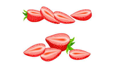 Mature Red Strawberry in Half with Leaves Vector Set