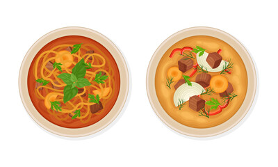 Traditional Dish of Uzbek Cuisine with Noodle Soup and Meat Thick Stew Served on Plate Above View Vector Set