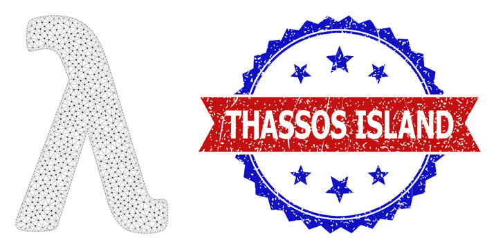Thassos Island corroded stamp seal, and Lambda Greek lowercase letter icon mesh model. Red and blue bicolored stamp contains Thassos Island tag inside ribbon and rosette.