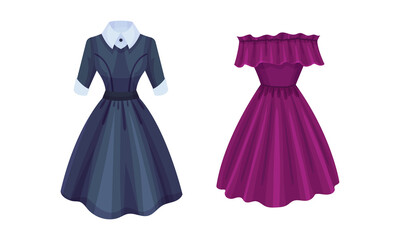 Dress or Frock as Woman Garment with Skirt and Bodice Vector Set