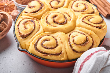 Cinnamon rolls or cinnabon homemade recipe raw dough preparation sweet traditional dessert buns pastry food baked homemade swirl Danish mini snack. Food ingridients. Top view. Fall baking concept
