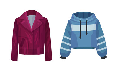 Jacket with Long Sleeve and Blue Hoodie Vector Set
