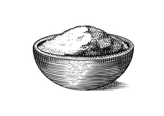 Bowl with sea salt. Spice in natural packaging. Flavoring or saline. Vintage background banner. Engraved hand drawn old sketch.  - obrazy, fototapety, plakaty