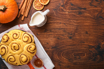 Cinnamon rolls or cinnabon homemade recipe raw dough preparation sweet traditional dessert buns pastry food baked homemade swirl Danish mini snack. Food ingridients. Top view. Fall baking concept